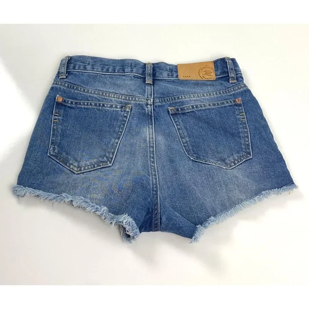Zara Premium Wash Trafaluc Frayed Jean Shorts Womens Size 2 Blue Casual Summer